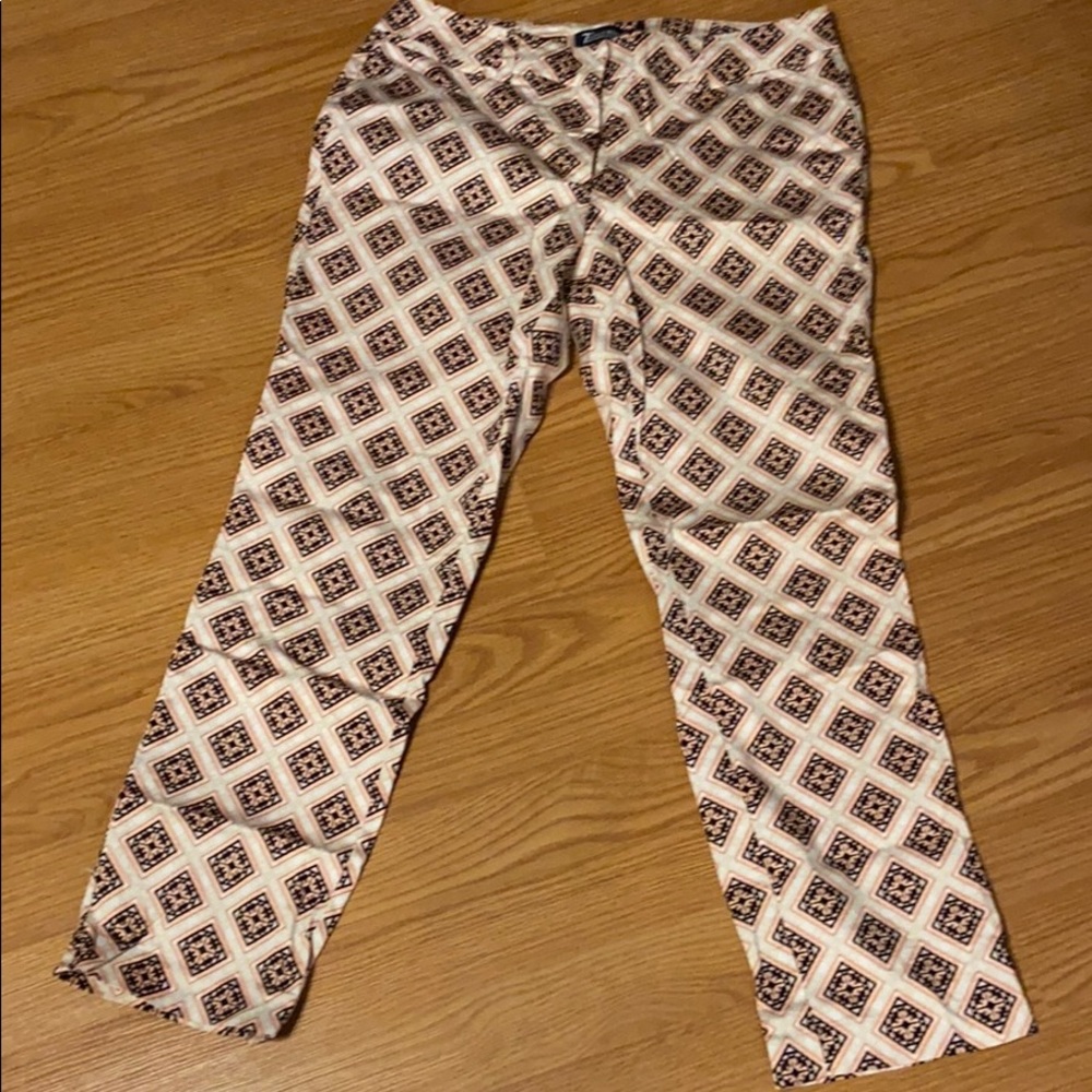 New York & Company Cream and Brown Printed Capris